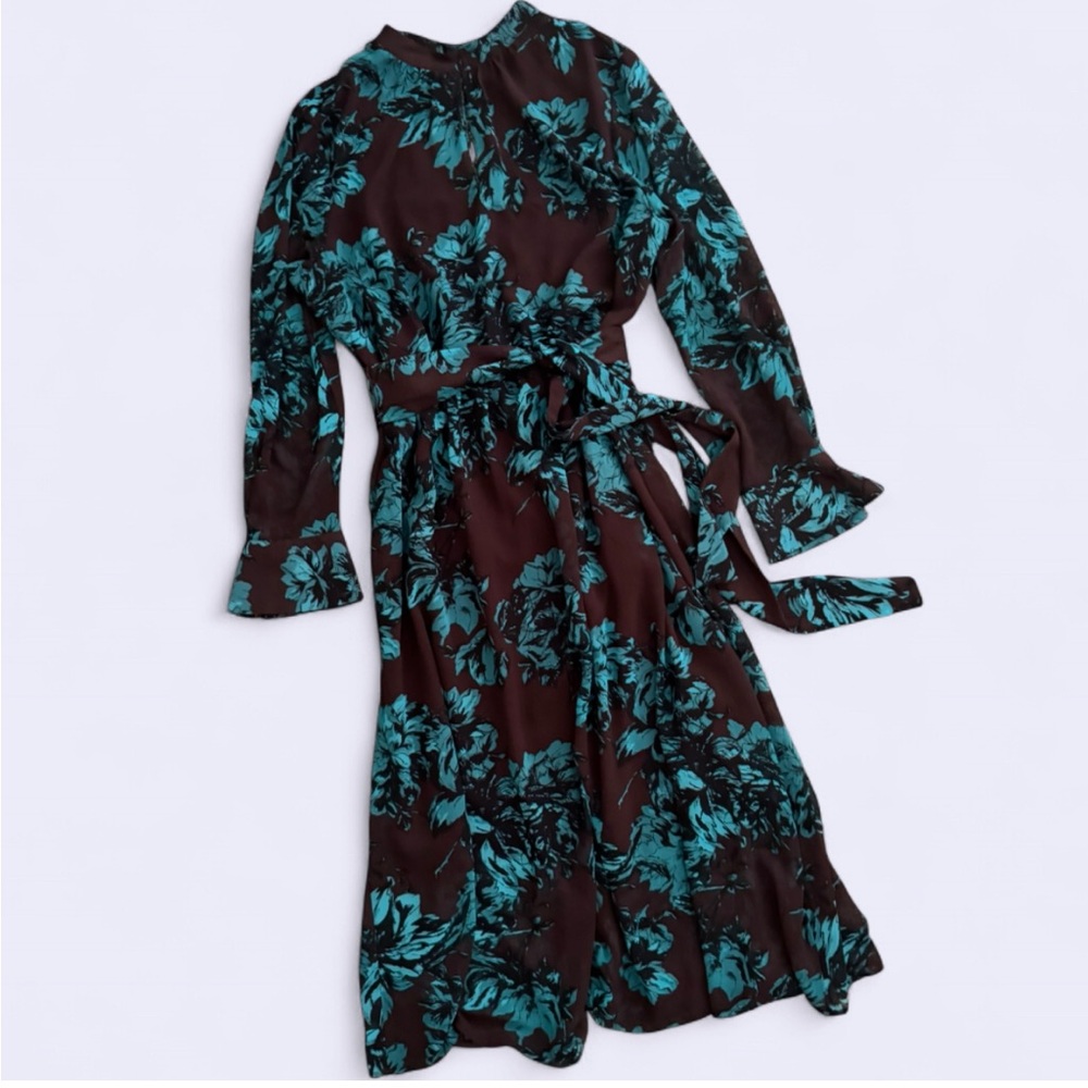 who what wear brown floral chiffon midi dress mock neck